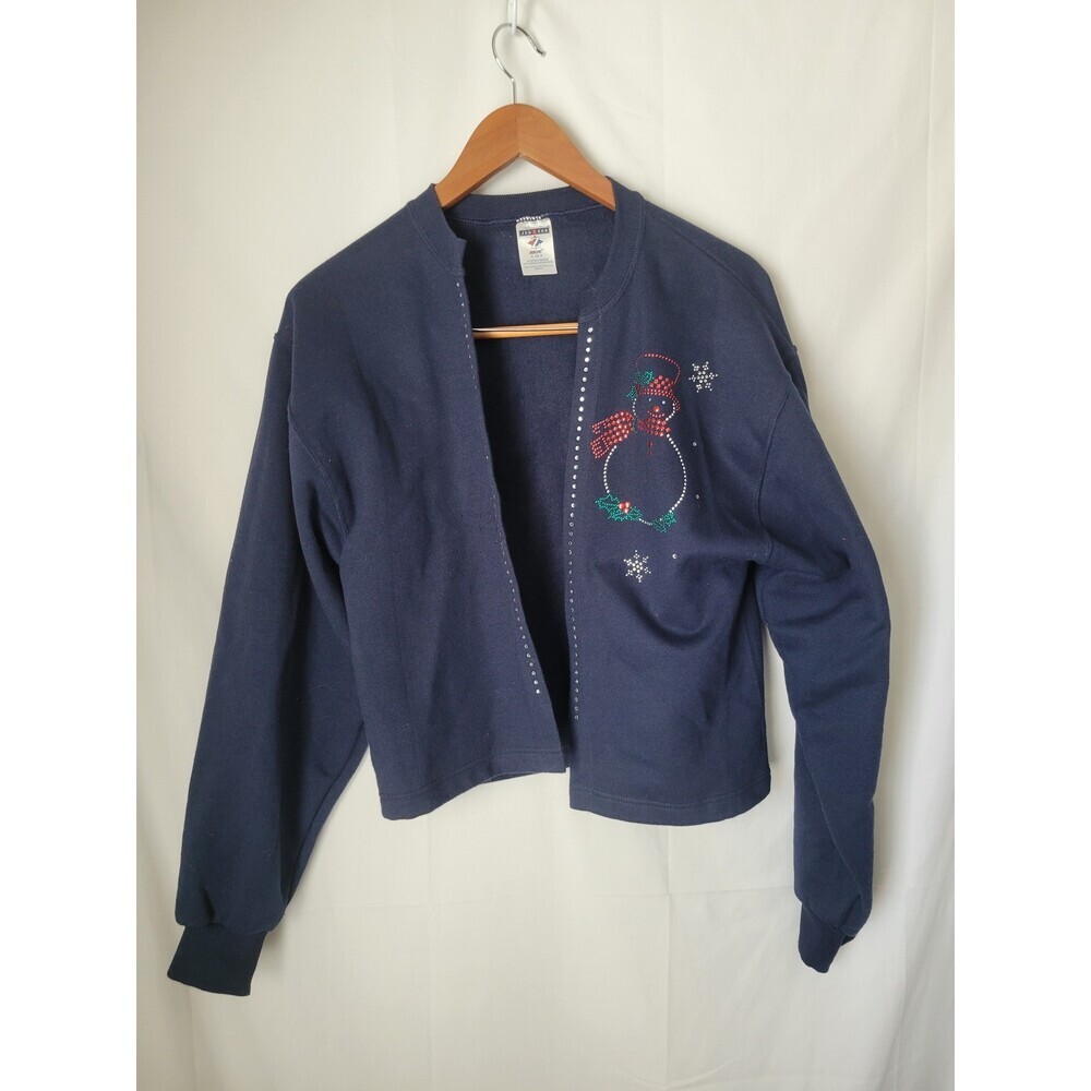 Jerzees Women's Small Navy Blue Christmas Snowman‎ Rhinestone Open Cardigan